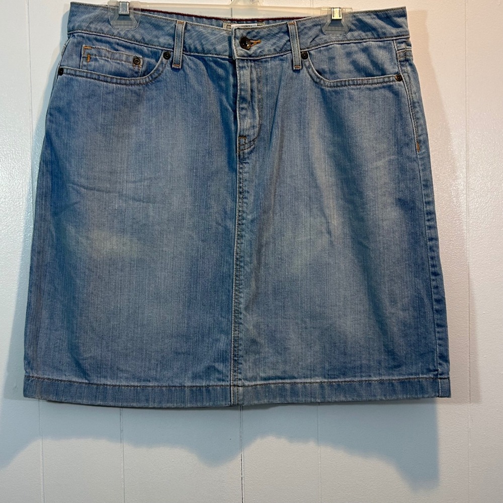 LL Bean Favorite Fit Straight Denim Skirt‎ Light Wash Blue 12 PET 275429